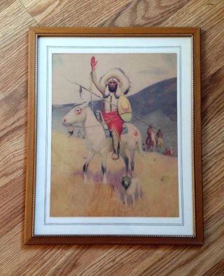 Vintage 11 " X 4 " Framed Picture Of Indians On Horses Unsigned