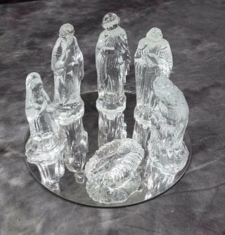 Vtg 7 Piece Glass Nativity Set W/mirror Base,  4 " Tall,  1988,  Box