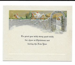 Vintage Christmas And Year Greeting Card,  Iron Gate To Houses Covered Snow