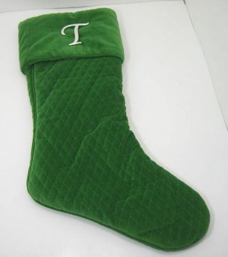Green Quilted Christmas Stocking With Letter T Pin & Lined Inside