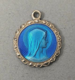 Vintage Metal And Blue Enamel Lourdes Virgin Mary Religious Medal Charm Pendant