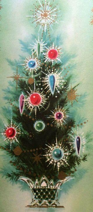 Decorated Tree In Pot Teardrop Ornament Aqua Blue Christmas Vtg Card