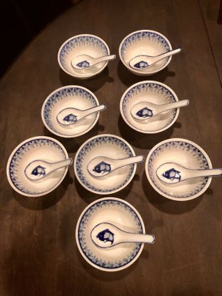 Vintage Hand Painted Blue And White Koi Fish Rice Bowls And Spoons Set Of (8)