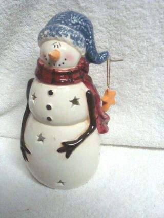 Pierced Stars Ceramic Folk Art Snowman Candle Holder Luminary Winter Christmas