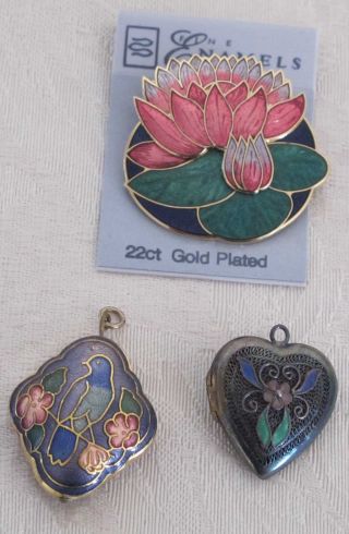 3 Enamel & Cloisonne Items - Gold Plated Water Lily Pin - Cloisonne Pendants