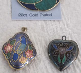 3 ENAMEL & Cloisonne Items - Gold Plated WATER LILY PIN - CLOISONNE PENDANTS 2