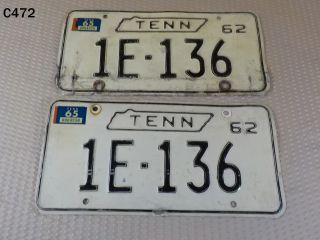 Vintage 1962 Tennessee Tn Metal State License Plate Set Pair Car Auto Truck Rare