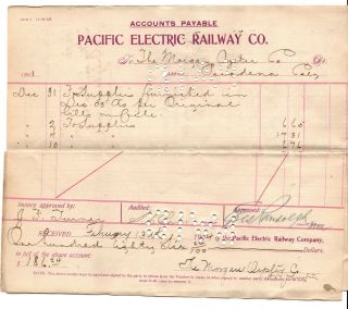 Receipt - Pacific Electric Railway Co.  Los Angeles,  Ca.  1903 H.  E.  Huntington