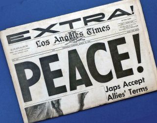 V - J Day Japan Victory Extra Newspaper Los Angeles Times “peace ” Aug 15,  1945