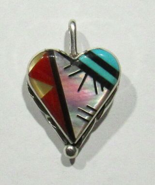 Fine Vintage Signed Zuni 925 Silver Turquoise Coral Mo Pearl Inlay Heart Pendant