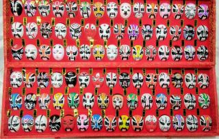 Vintage 90 Kabuki Chinese Opera Miniature Face Masks Silk Box Set Hand Painted