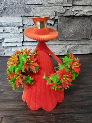 Vtg Christmas Flocked Lady In Red Dress Hat Candle Holder Poinsettia Victorian