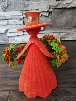 VTG CHRISTMAS FLOCKED LADY IN RED DRESS HAT CANDLE HOLDER POINSETTIA VICTORIAN 2