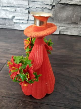 VTG CHRISTMAS FLOCKED LADY IN RED DRESS HAT CANDLE HOLDER POINSETTIA VICTORIAN 5