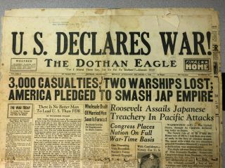 Dothan Eagle Newspaper - December 8,  1941 - U.  S.  Declares War - Alabama Wwii