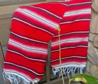 Mexican Serape Blanket Red Striped With Black & White Stripe White Fringe 82x 62