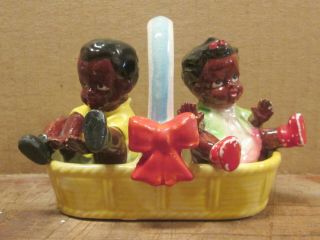 Black Babies In A Basket Porcelain Salt & Pepper Shakers,  Black Americana