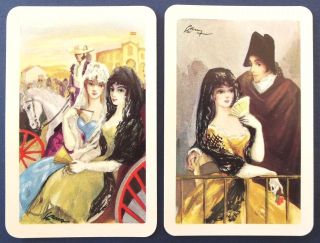 Pair Vintage Swap Cards.  Spanish Women In Mantilla.  Spain.  Paintings.  Fournier