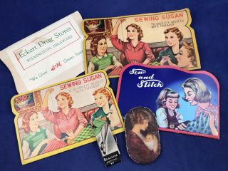 Vintage Advertising Sewing Needle Card Booklets,  Pin Holder,  Stocking Mend Kit