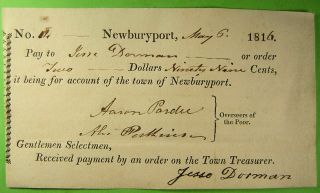 1816 Check City Of Newburyport,  On Account Of The Poor.