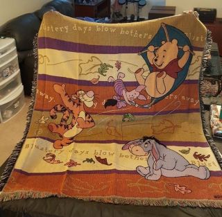 Vintage Winnie The Pooh Jacquard Knit Throw Blanket Tapestry Fringe Blustery Day
