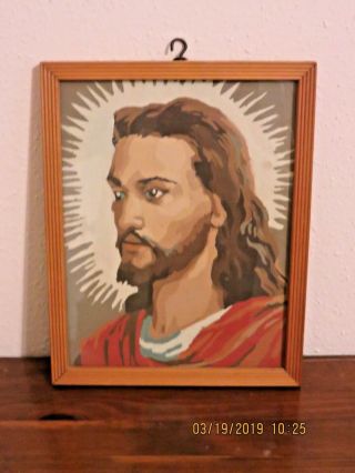 Vintage Portrait Of Jesus Paint By Numbers,  Folk Art Religious Art Wood Frame