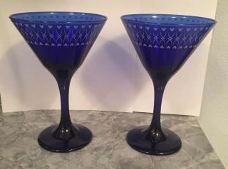 Set Of 2 Blue Disney Mickey Mouse Etched 6 1/2” Tall Martini Cocktail Glasses