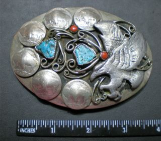 Turquoise Coral Buffalo Nickel Belt Buckle With Flying Eagle