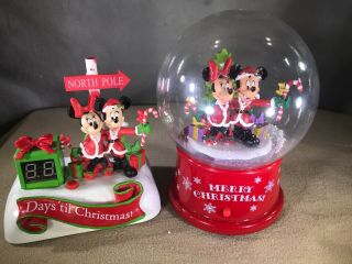 Two Disney Christmas Mickey/minnie Figurines Days Till Clock & Musical Snowglobe