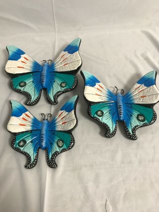 Ooak Mexican Pottery Butterfly 3pc Hand Painted Mexican Folk Art Wall Decor (f)