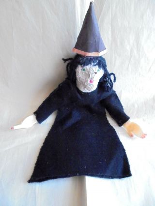 Vintage Primitive Folk Art Paper Mache And Felt Halloween Witch Hand Puppet