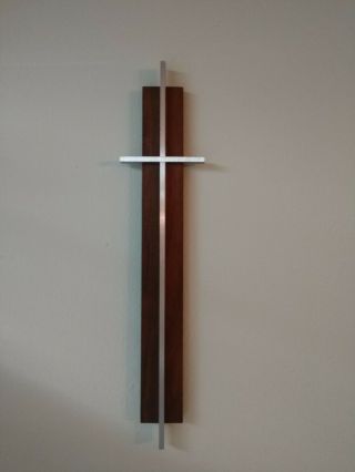 Mid Century Modern Teak And Aluminum Wall Crucifix 13.  5 "