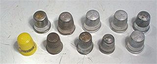 10 Vintage Various Sizes Sewing Thimbles - Germany,  Brass,  Aluminum,  Ect