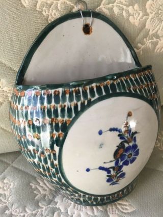 Vintage Tonala Mexican Glazed Ceramic Bird Motif Pottery Wall Pocket Planter