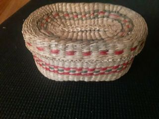 Native American Shawnee Woven Basket With Handled Lid Collectors 6.  5 X 4.  25 X 3