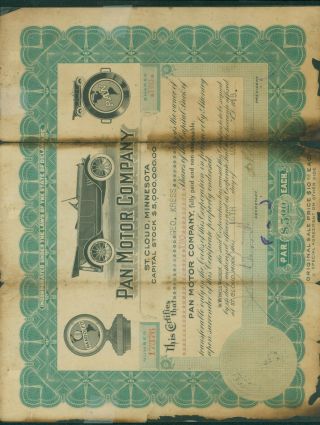 1918 Pan Moter Car Company Stock Certificate Signed St.  Cloud Minnesota Auto