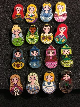 Disney Pin Full Set Nesting Dolls Princess Rapunzel Elsa Ariel Merida Tiana Snow