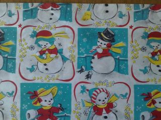 Vtg Christmas Wrapping Paper 1950 Snowman Snowcouple Craft Scrapbooking