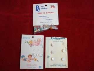 Vtg Mother Of Pearl Baby Buttons On Cards & Tiny Plastic Doll Clothes Buttons