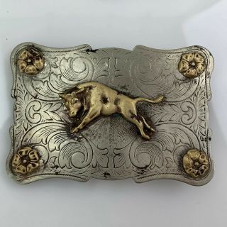 Vintage Rockmount Denver Co Cowboy Rodeo Bull Belt Buckle German Silver