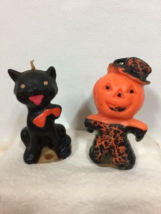 Vtg 1950 Gurley Novelty Black Cat W/orange Bow &jack - O - Lantern Halloween Candles