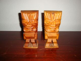 2 Mcm Hand Carved Monkey Pod Wood Hawaiian Tiki God Bookends