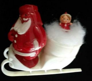 Vintage Red Plastic Santa Claus Christmas White Sleigh With Elf Crack In Sleigh