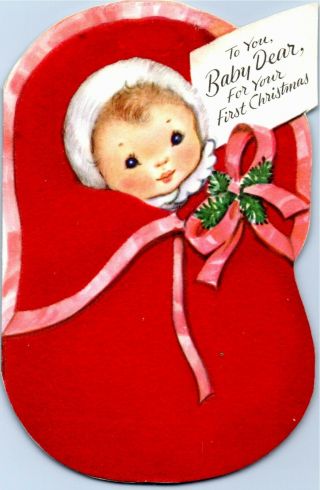 Rust Craft Flocked Swaddled Baby Kid First Diecut Vtg Christmas Greeting Card