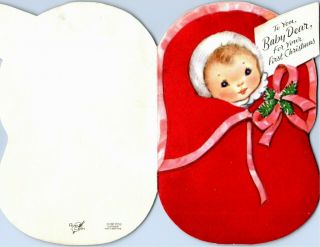 Rust Craft Flocked Swaddled Baby Kid First Diecut VTG Christmas Greeting Card 3
