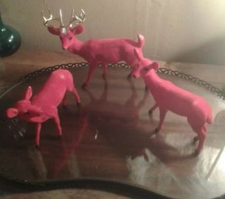 Reindeer Set Of Three,  Vintage Celluloid Red Flocked,  Buck And Doe