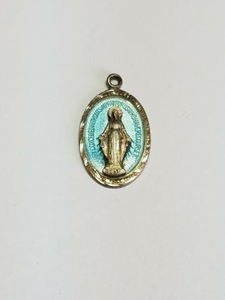 Vintage Sterling Silver Blue Enamel Medal Mary Conceived Without Sin Pendant