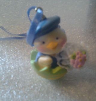 Easter Ornament 1 3/4 Inch Plastic Chick In Egg Blue Cap With Flowers