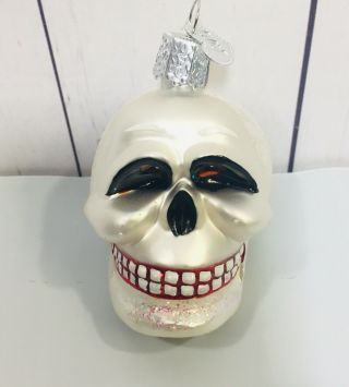 Old World Ornament Halloween Christmas Skull Skeleton Smiling Glitter Euc