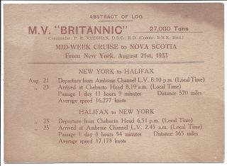 1933 Illust.  Abstract of Log,  White Star Line M.  V.  Britannic,  Nova Scotia to NY 2